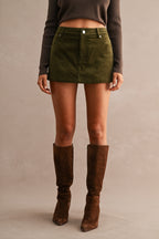 High-Waisted Corduroy Front Pockets Mini Skort (Olive)
