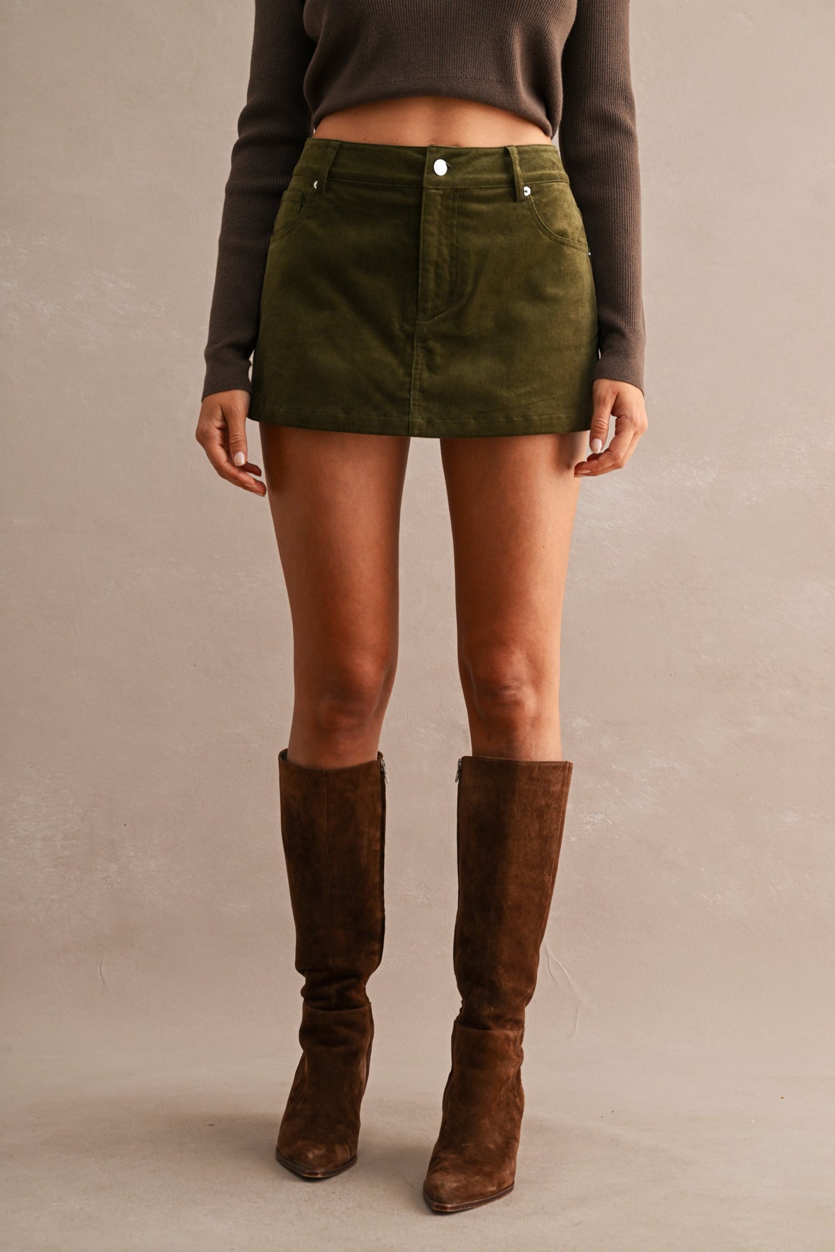 High-Waisted Corduroy Front Pockets Mini Skort (Olive)