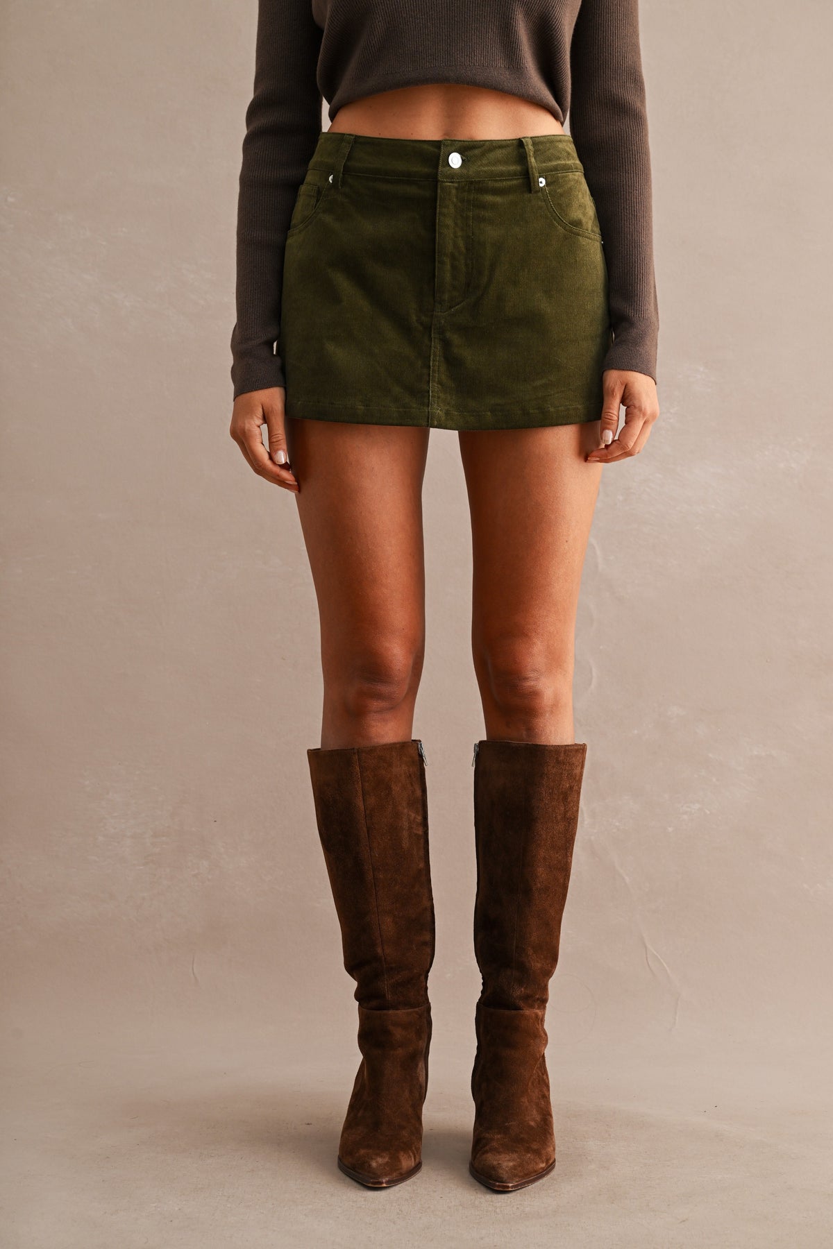 High-Waisted Corduroy Front Pockets Mini Skort (Olive)
