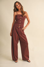 Foldover Edge Lace Back Sleeveless Top And Balloon Trousers Set
