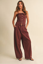 Foldover Edge Lace Back Sleeveless Top And Balloon Trousers Set