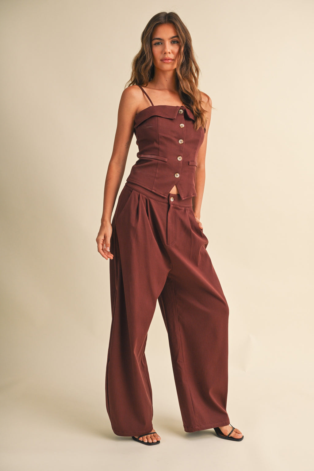 Foldover Edge Lace Back Sleeveless Top And Balloon Trousers Set