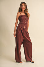 Foldover Edge Lace Back Sleeveless Top And Balloon Trousers Set