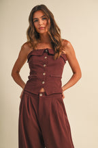 Foldover Edge Lace Back Sleeveless Top And Balloon Trousers Set