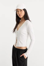 Good American The Rib V Neck Cardigan (Chalk)