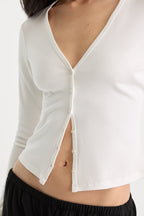 Good American The Rib V Neck Cardigan (Chalk)