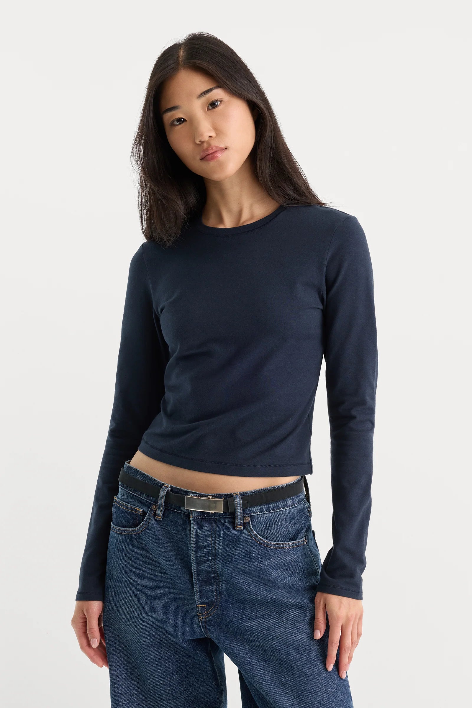 Good American The Long Sleeve Baby Tee (Navy) Secondary image