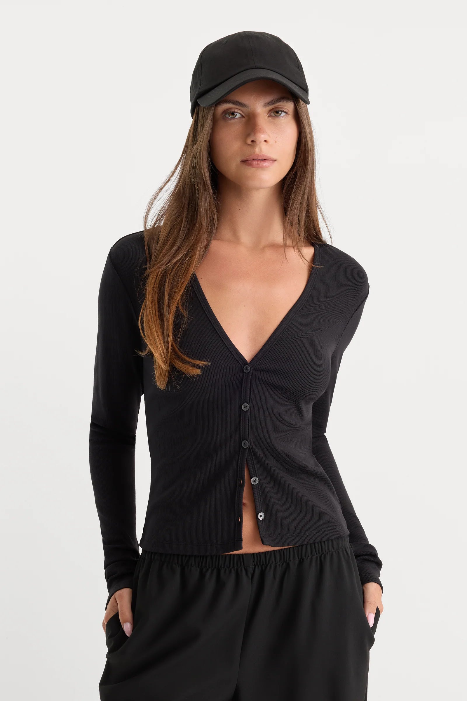 Good American The Rib V Neck Cardigan (Black) Main image