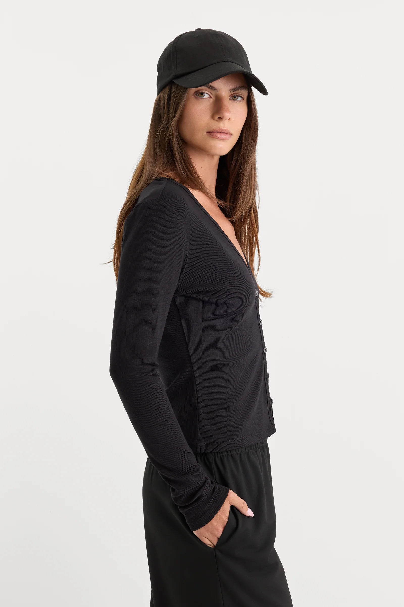 Good American The Rib V Neck Cardigan (Black) Secondary image