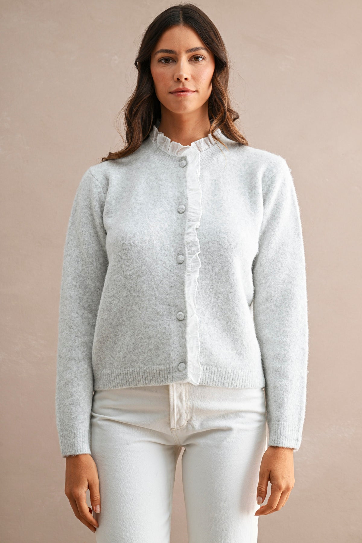 Ruffle Trim Button-Down Cardigan