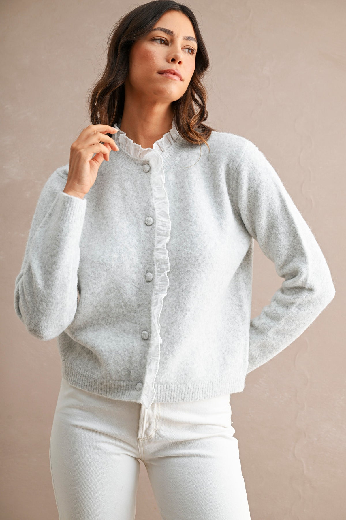 Ruffle Trim Button-Down Cardigan
