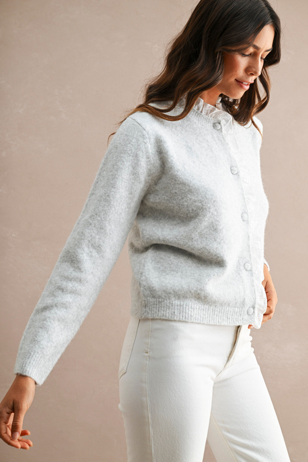 Ruffle Trim Button-Down Cardigan
