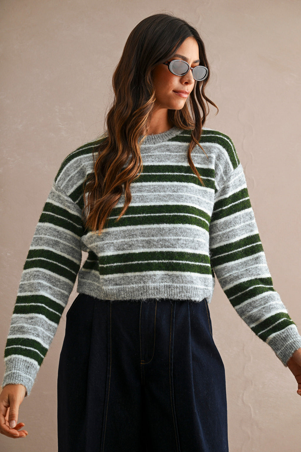 Stripe Crew Neck Sweater Top (Hunter Green Multi)