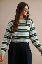 Stripe Crew Neck Sweater Top (Hunter Green Multi)