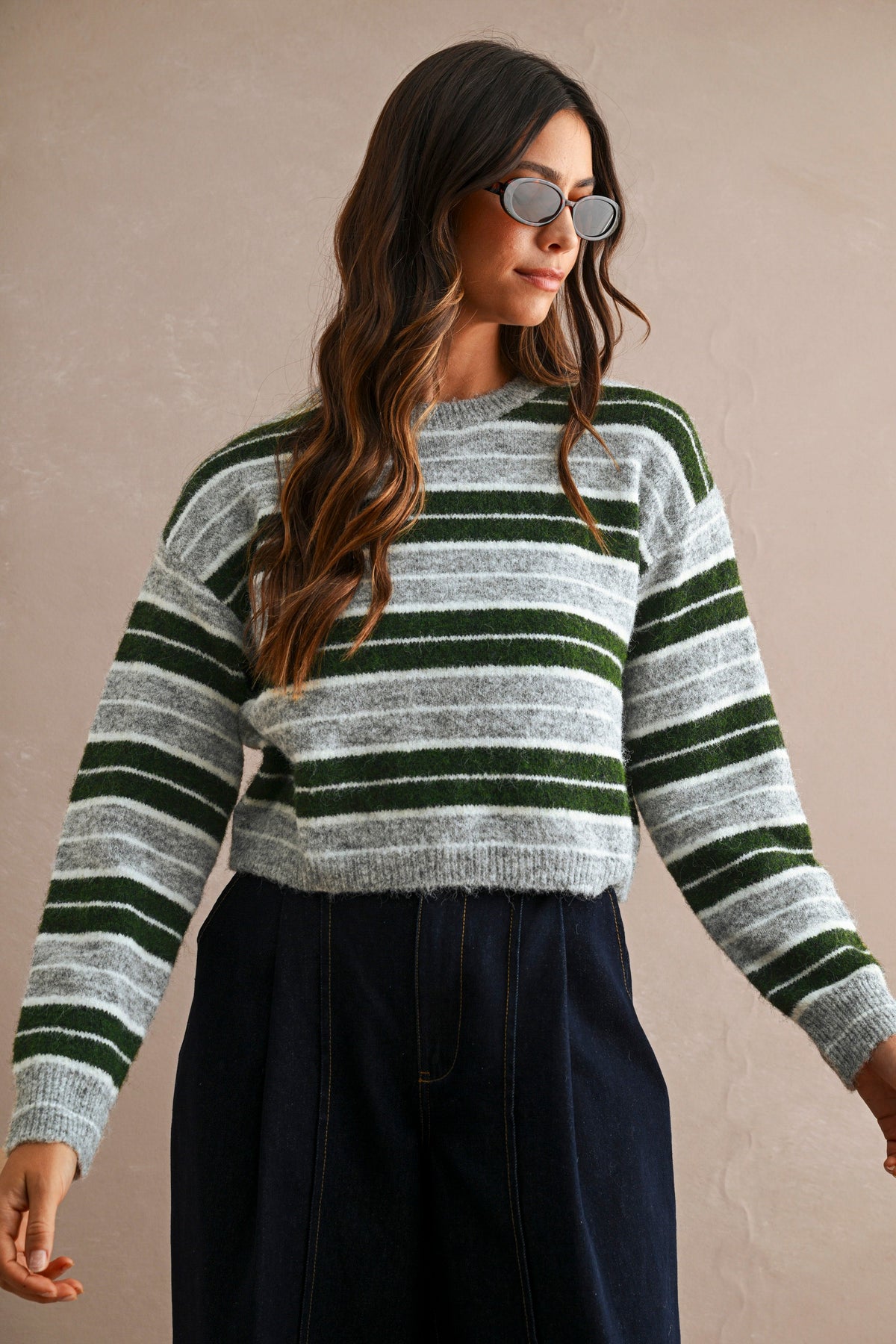 Stripe Crew Neck Sweater Top (Hunter Green Multi)
