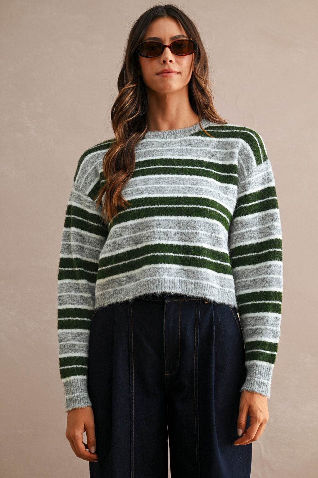Stripe Crew Neck Sweater Top (Hunter Green Multi)