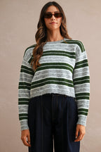 Stripe Crew Neck Sweater Top (Hunter Green Multi)
