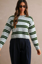 Stripe Crew Neck Sweater Top (Hunter Green Multi)