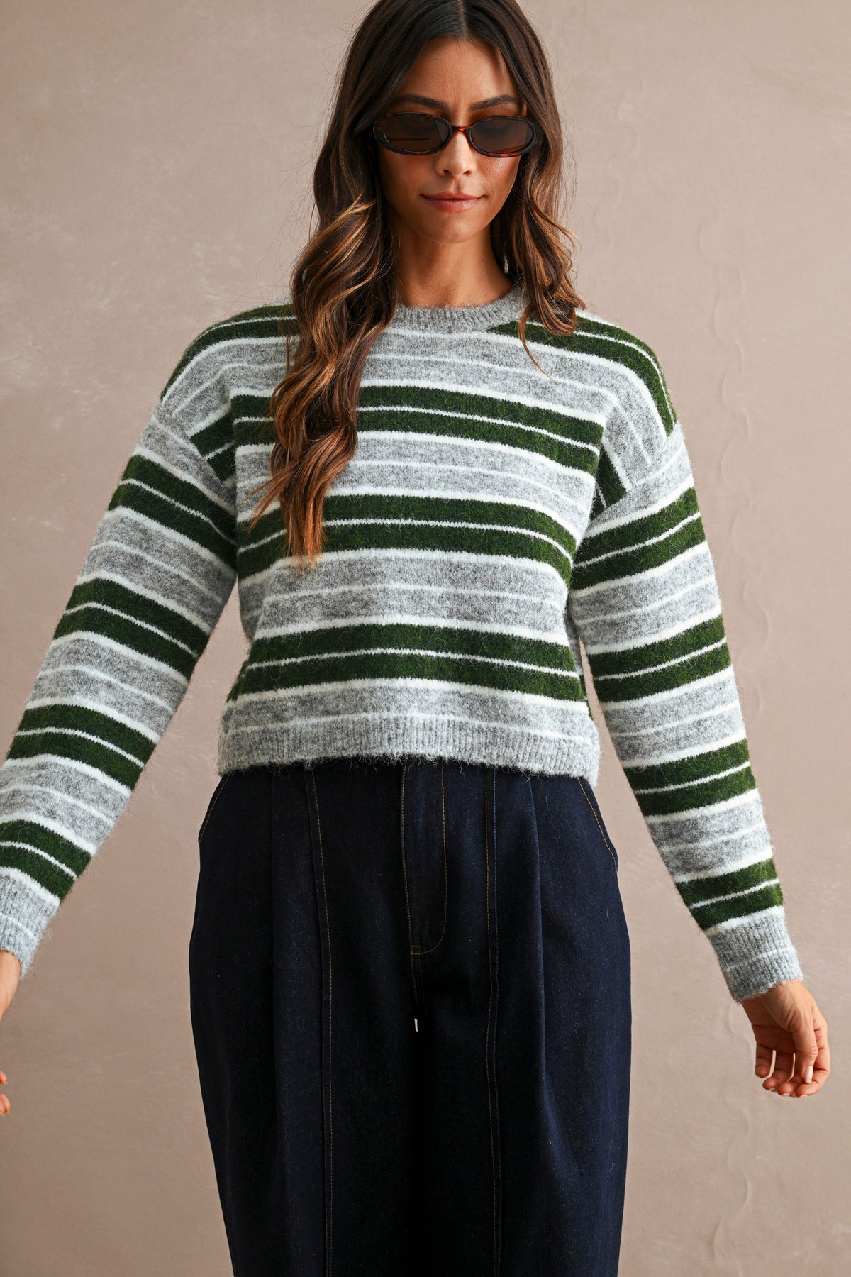 Stripe Crew Neck Sweater Top (Hunter Green Multi)
