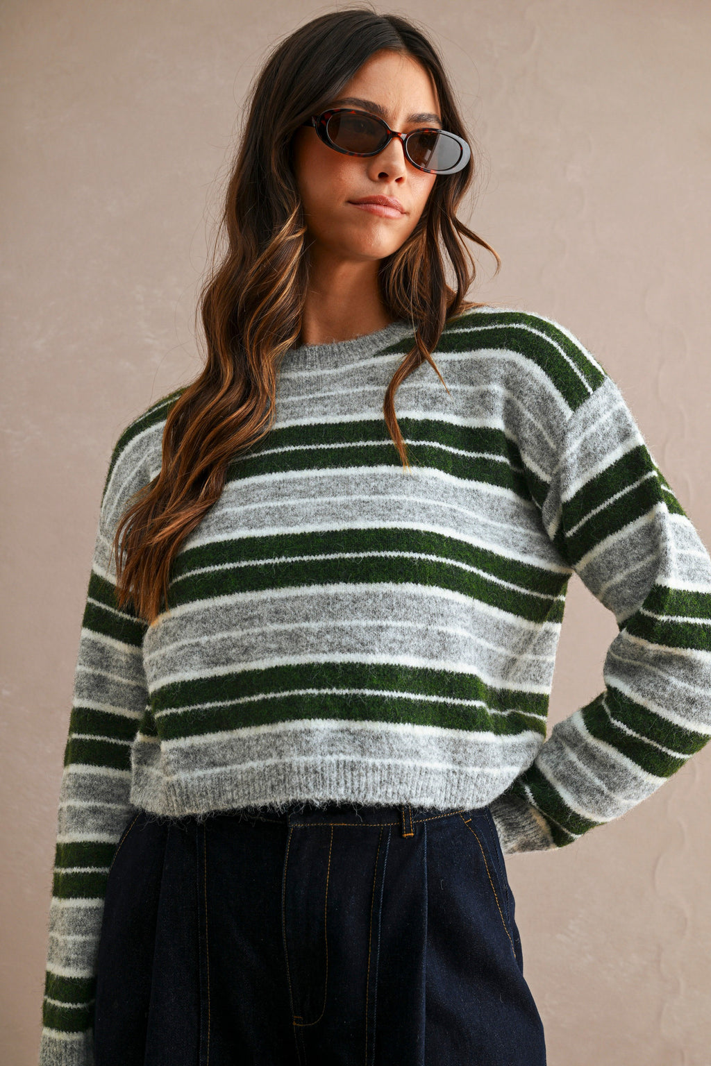Stripe Crew Neck Sweater Top (Hunter Green Multi)