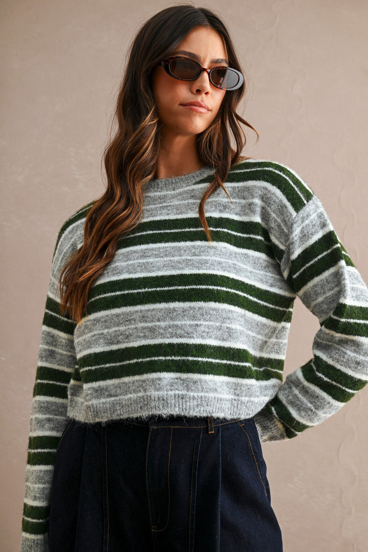 Stripe Crew Neck Sweater Top (Hunter Green Multi)