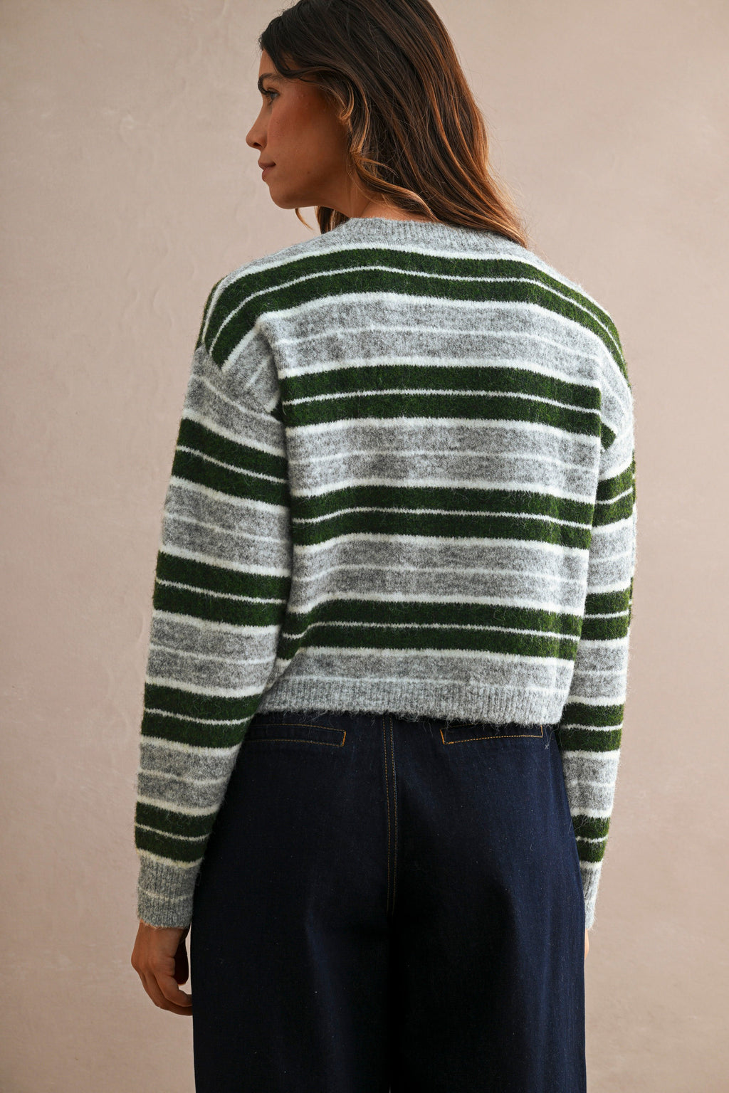 Stripe Crew Neck Sweater Top (Hunter Green Multi)