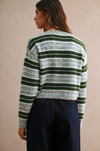 Stripe Crew Neck Sweater Top (Hunter Green Multi)