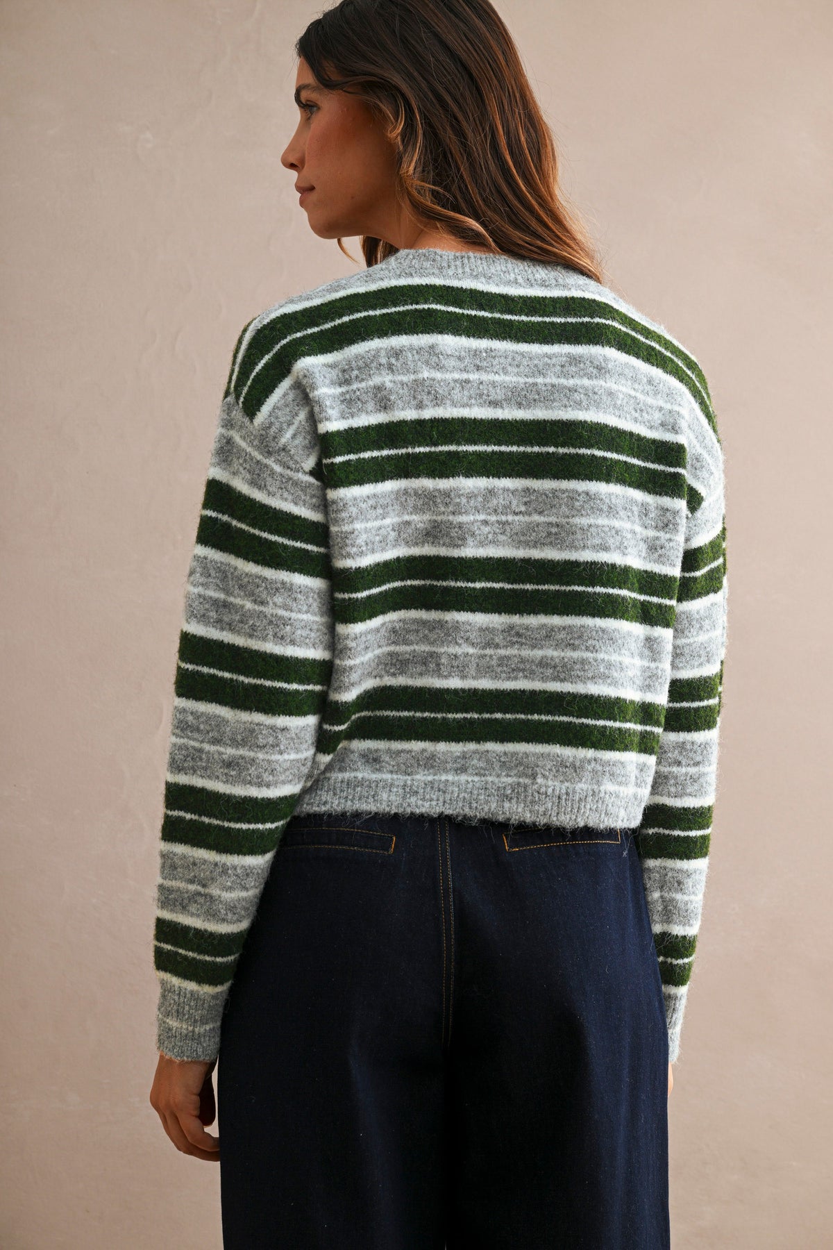 Stripe Crew Neck Sweater Top (Hunter Green Multi)