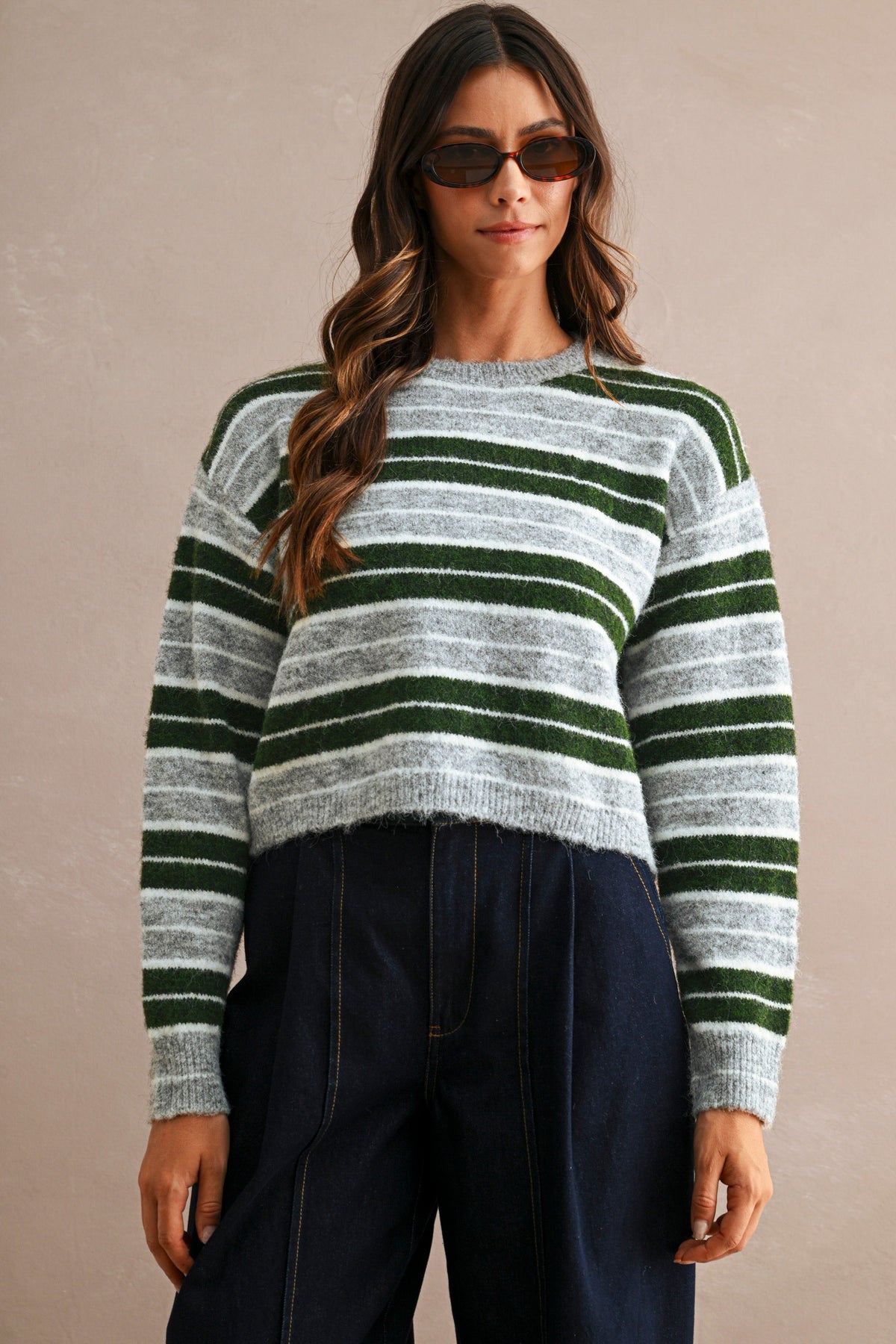 Stripe Crew Neck Sweater Top (Hunter Green Multi)