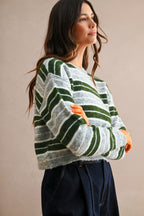 Stripe Crew Neck Sweater Top (Hunter Green Multi)