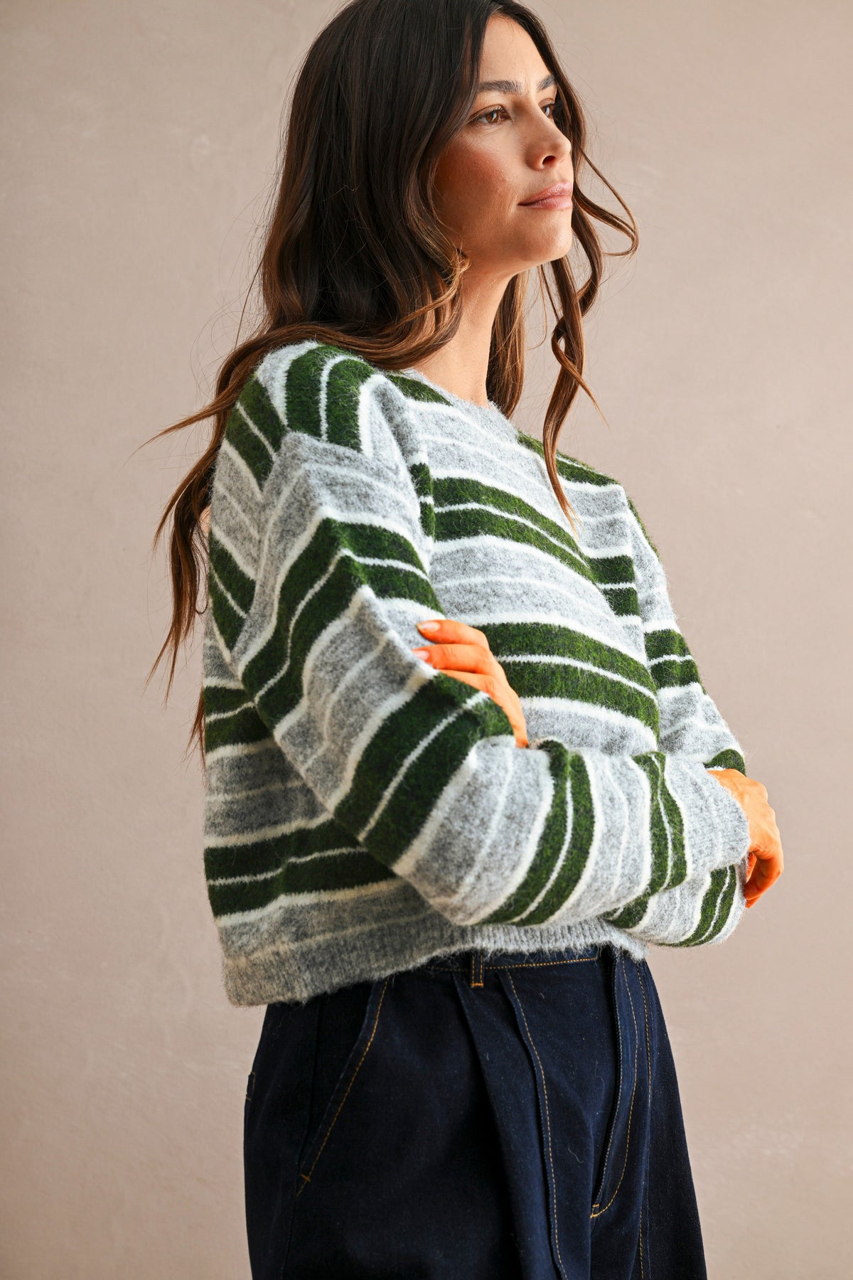 Stripe Crew Neck Sweater Top (Hunter Green Multi)