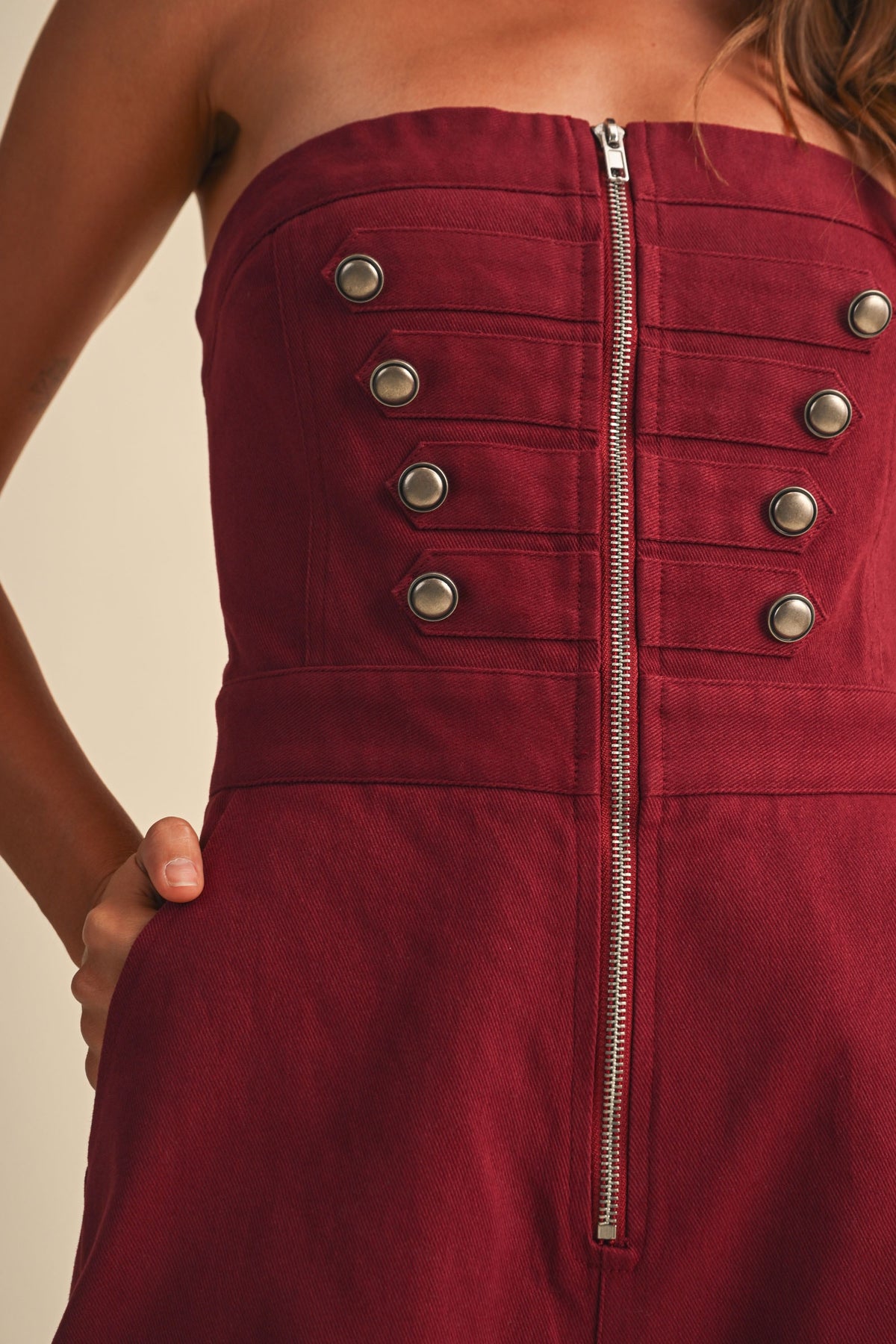 Stretch Twill Zip Front Military Detail High Waisted Barrel