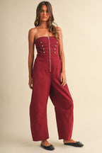 Stretch Twill Zip Front Military Detail High Waisted Barrel