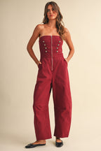 Stretch Twill Zip Front Military Detail High Waisted Barrel
