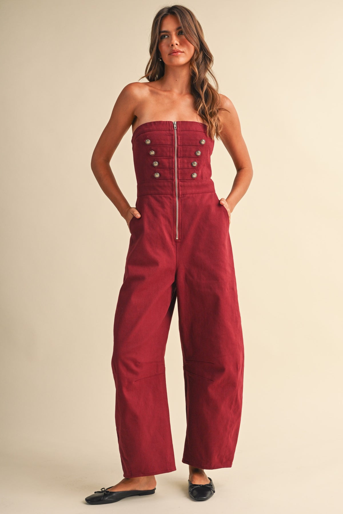 Stretch Twill Zip Front Military Detail High Waisted Barrel