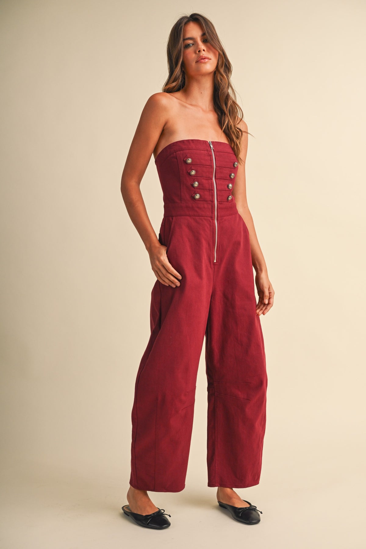 Stretch Twill Zip Front Military Detail High Waisted Barrel