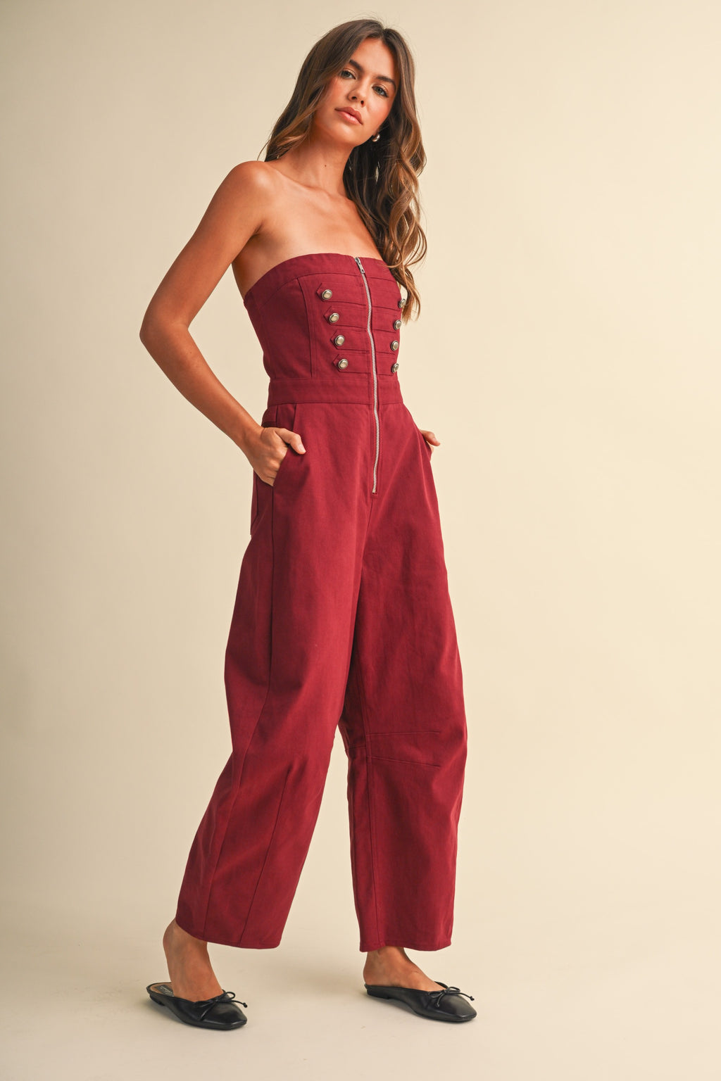 Stretch Twill Zip Front Military Detail High Waisted Barrel