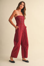 Stretch Twill Zip Front Military Detail High Waisted Barrel