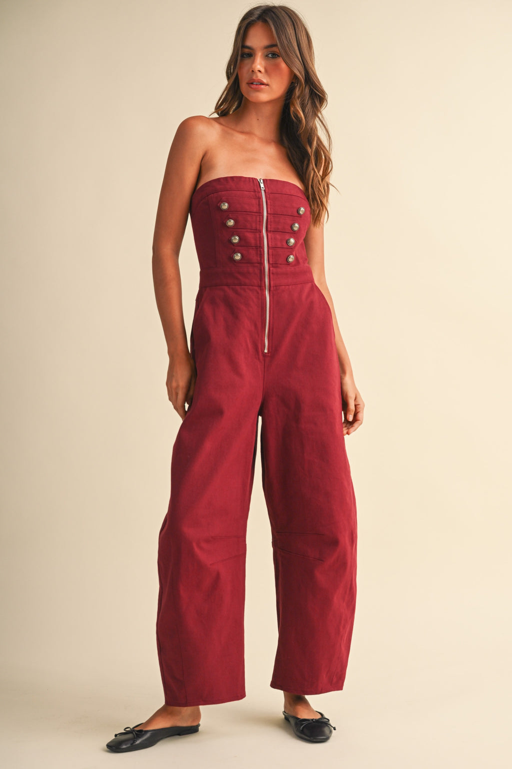 Stretch Twill Zip Front Military Detail High Waisted Barrel