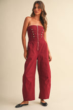 Stretch Twill Zip Front Military Detail High Waisted Barrel
