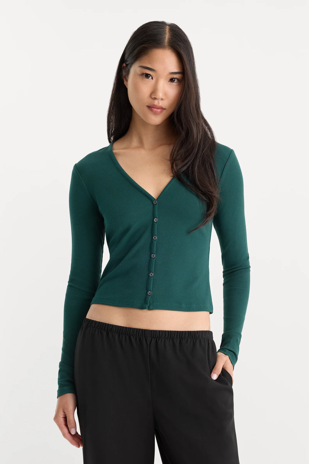 Good American The Rib V Neck Cardigan (Forest Green)