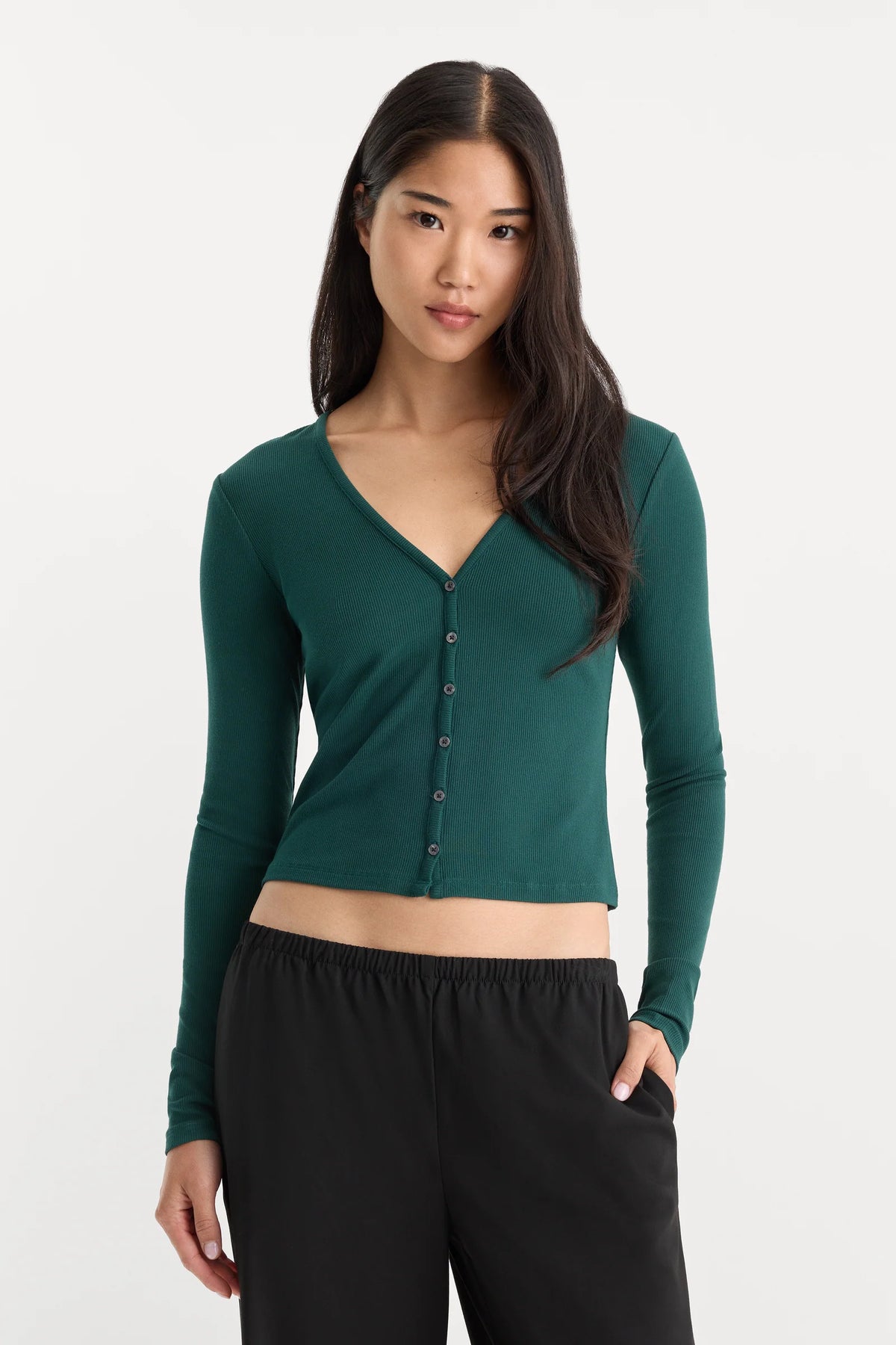 Good American The Rib V Neck Cardigan (Forest Green)