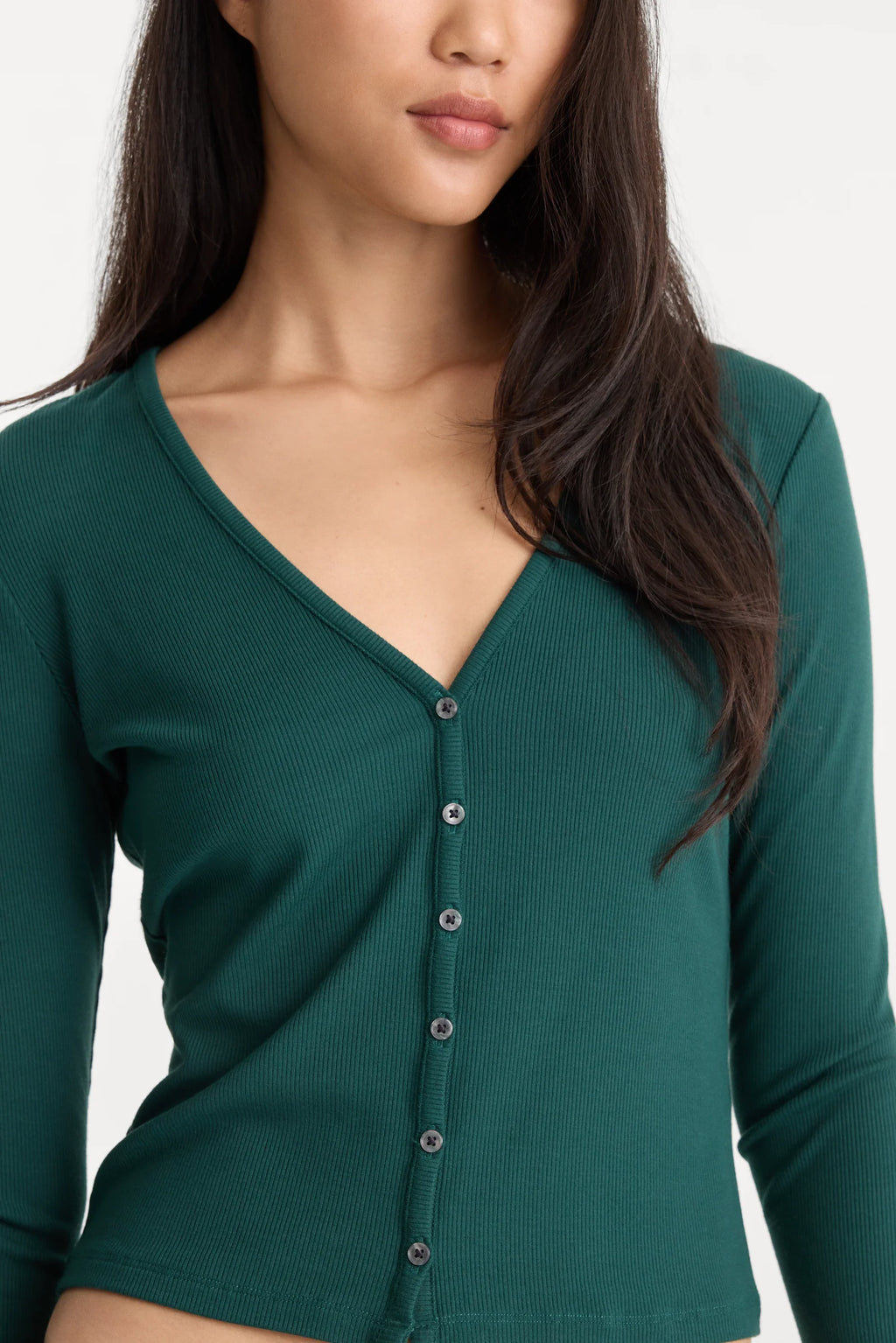 Good American The Rib V Neck Cardigan (Forest Green)