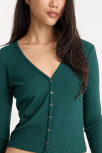 Good American The Rib V Neck Cardigan (Forest Green)