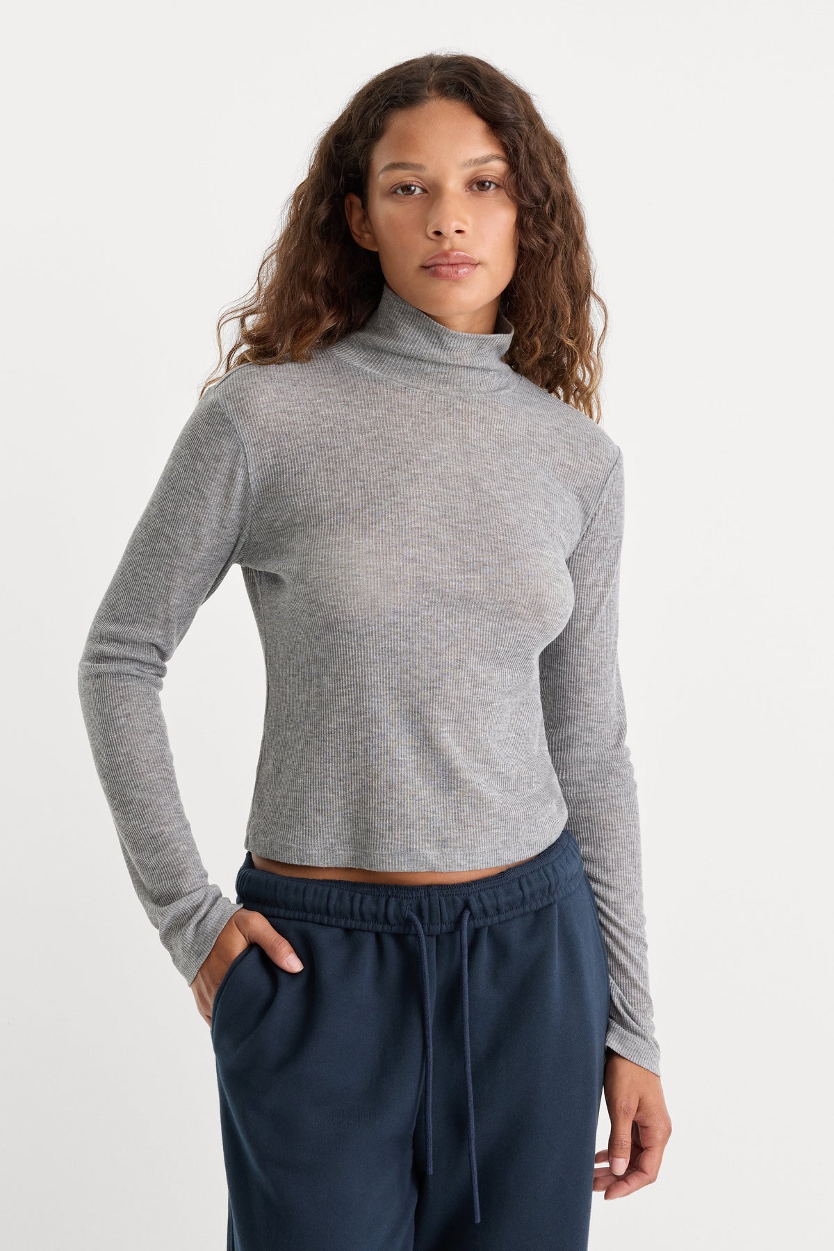 Good American The Sheer Rib Turtleneck (Grey Melange)