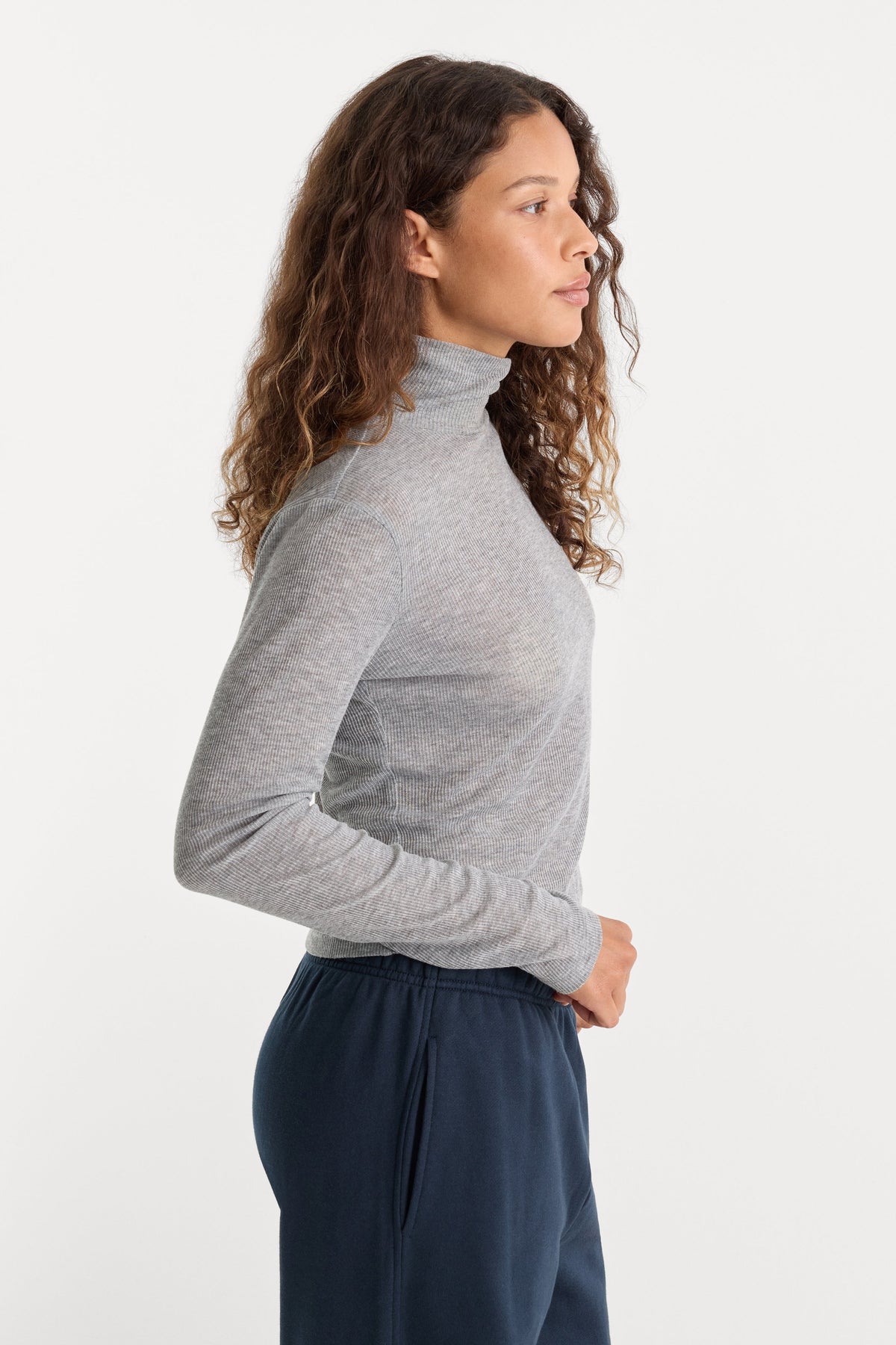 Good American The Sheer Rib Turtleneck (Grey Melange)