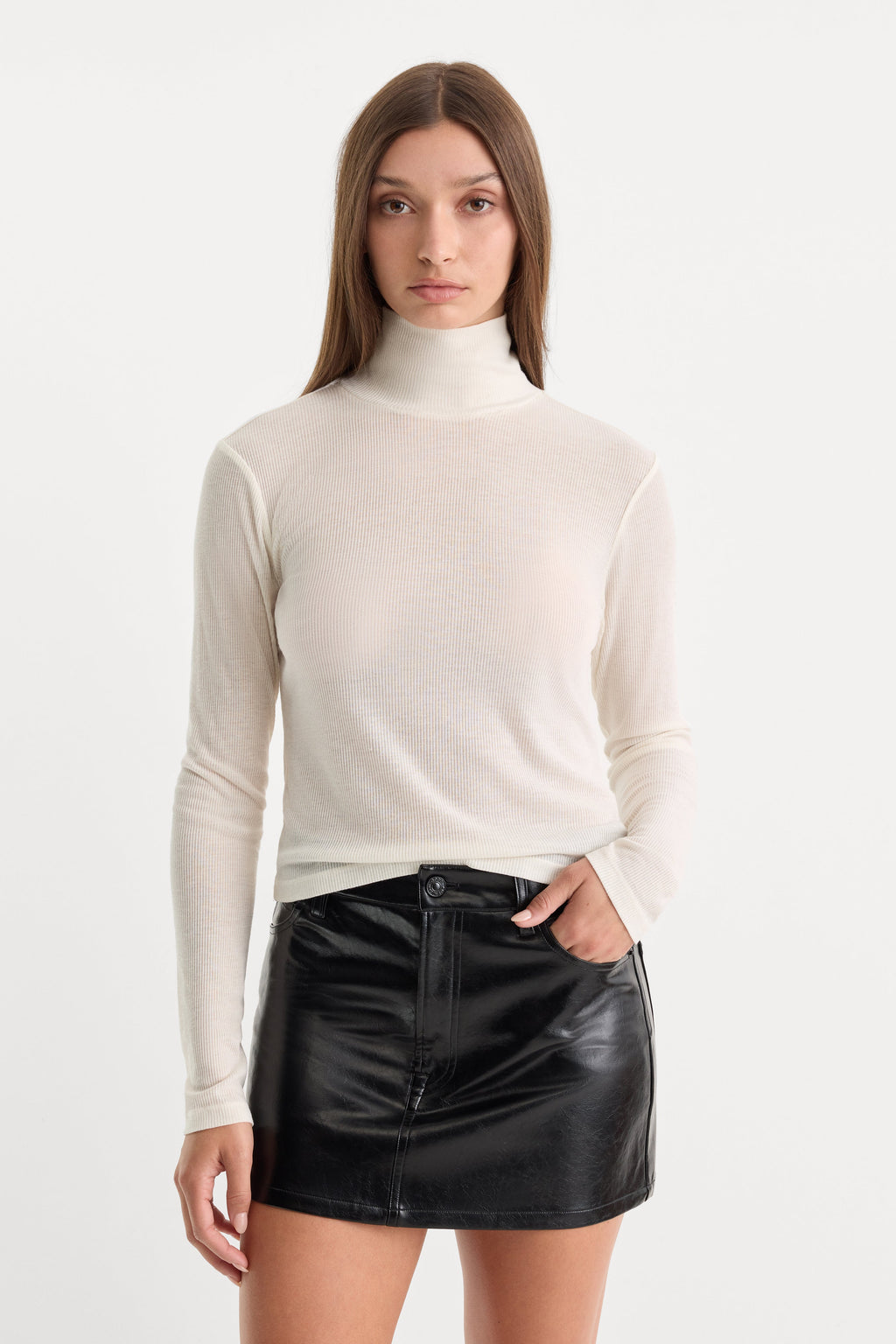 Good American The Sheer Rib Turtleneck (Pearl)