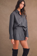 Pin Stripe Collar Button Up Shirt And Skirt Set
