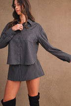 Pin Stripe Collar Button Up Shirt And Skirt Set