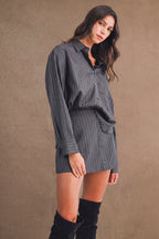 Pin Stripe Collar Button Up Shirt And Skirt Set